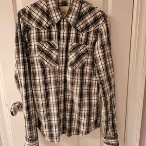 Hollister Men's Casual Plaid Button Down Shirt - Black and Cream